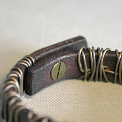 Buddhist Blessing Vintage Leather Copper Brass Wire Wrap Balance Bracelet
