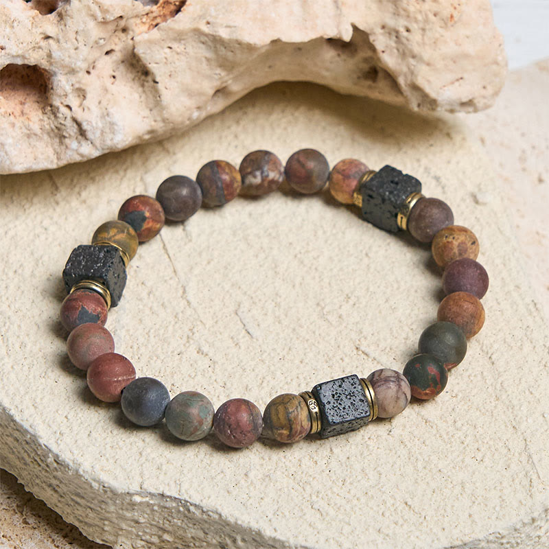 Buddhist Blessing Natural Picasso Jasper Square Lava Rock Positive Bracelet