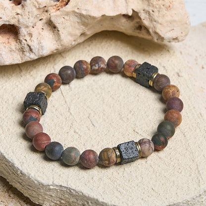 Buddhist Blessing Natural Picasso Jasper Square Lava Rock Positive Bracelet