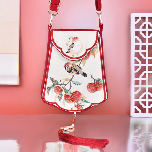 Buddhist Blessing Magpie Lychee Embroidery Tassel Shoulder Bag Crossbody Bag