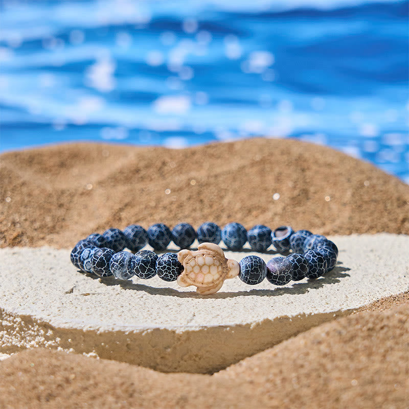 Buddhist Blessing Natural Stone Sea Turtle Turquoise Crackle Agate Wisdom Bracelet
