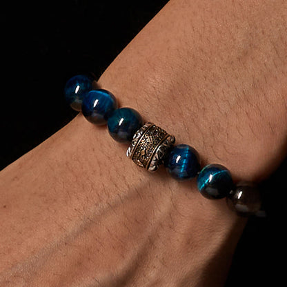 Buddhist Blessing Natural Silver Sheen Obsidian Blue Tiger Eye Om Mani Padme Hum Communication Bracelet