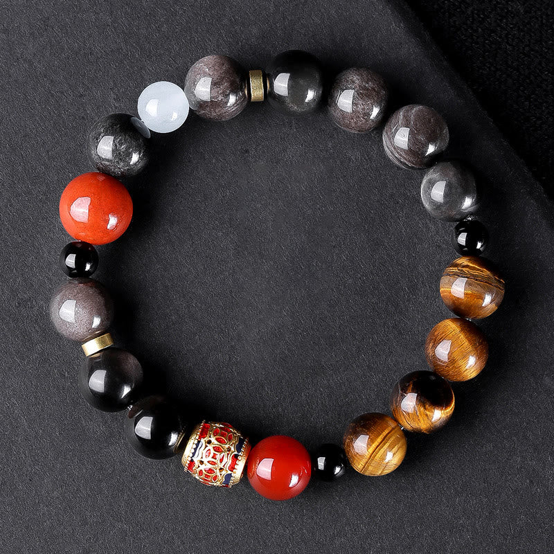 Buddhist Blessing Natural Silver Sheen Obsidian Tiger's Eye Six True Words 'Om Mani Padme Hum' Strength Bracelet