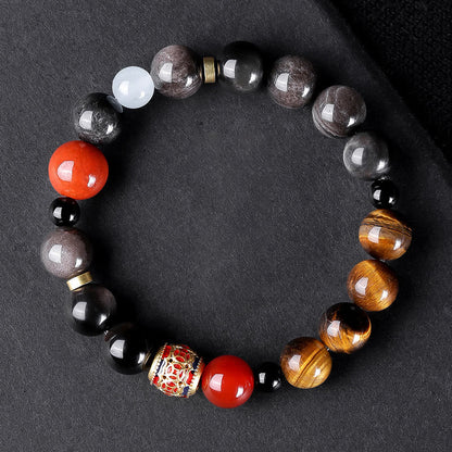 Buddhist Blessing Natural Silver Sheen Obsidian Tiger's Eye Six True Words 'Om Mani Padme Hum' Strength Bracelet