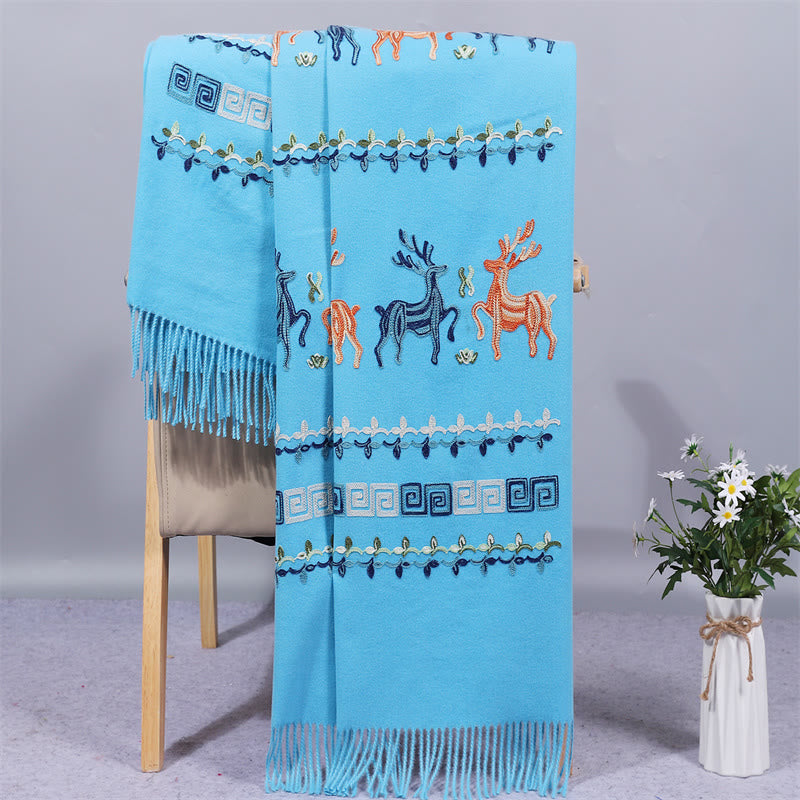 Buddhist Blessing Rayon Fabric Shawl Sika Deer Embroidery Tassel Winter Cozy Travel Scarf Wrap