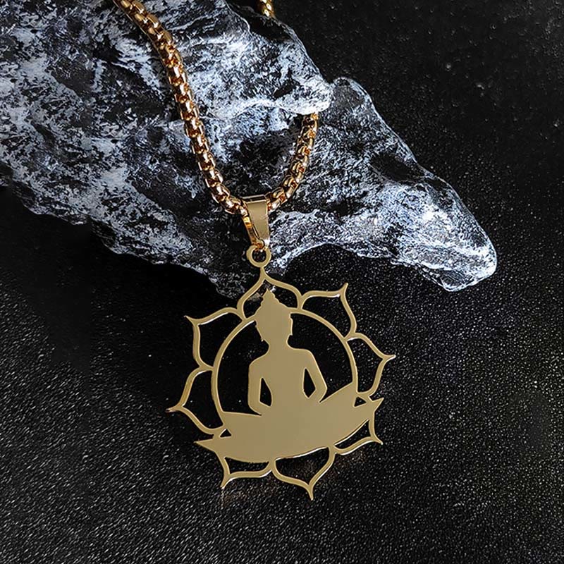 Buddhist Blessing Vintage Lotus Sitting Buddha Design Stainless Steel Enlightenment Necklace Pendant