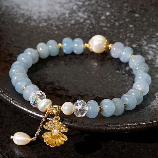 Buddhist Blessing Natural Aquamarine Pearl Shell Healing Bead Bracelet