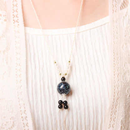 Buddhist Blessing Ebony Wood Aurora Lacquer Craft Bead Pearl Balance Necklace Pendant