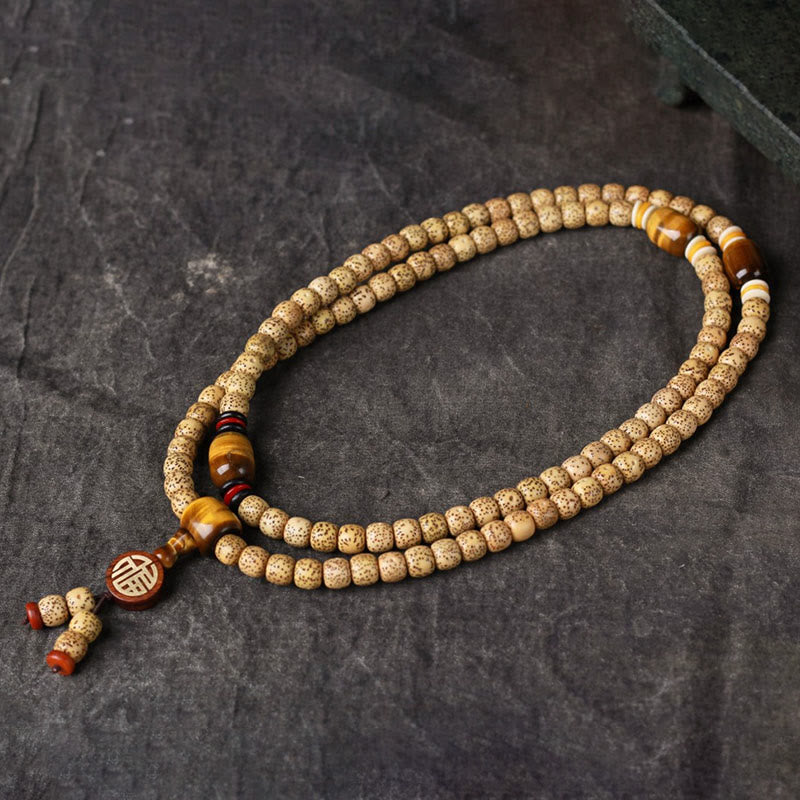 Buddhist Blessing 108 Mala Beads Bodhi Seed Tiger's Eye Fu Character Peace Bracelet
