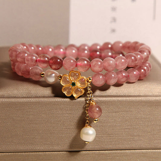 Buddhist Blessing Strawberry Quartz Four Leaf Clover Double Wrap Design Positive Bracelet