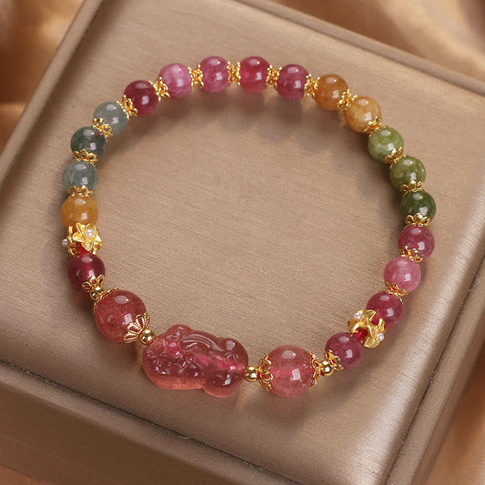 Buddhist Blessing Tourmaline Strawberry Quartz Pink Crystal PIXIU Love Bracelet