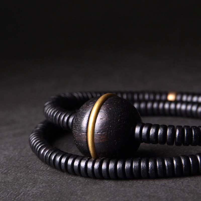 Buddhist Blessing Ebony Wood Copper Brass Balance Ball Cuboid Double Wrap Bracelet Necklace