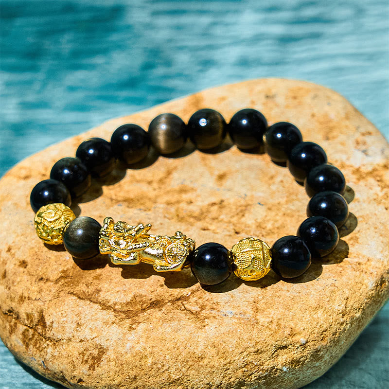 Buddhist Blessing Natural Gold Sheen Obsidian PiXiu Om Mani Padme Hum Wealth Bracelet