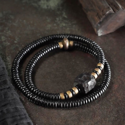 Buddhist Blessing Ebony Wood Copper Brass Peace Double Wrap Bracelet