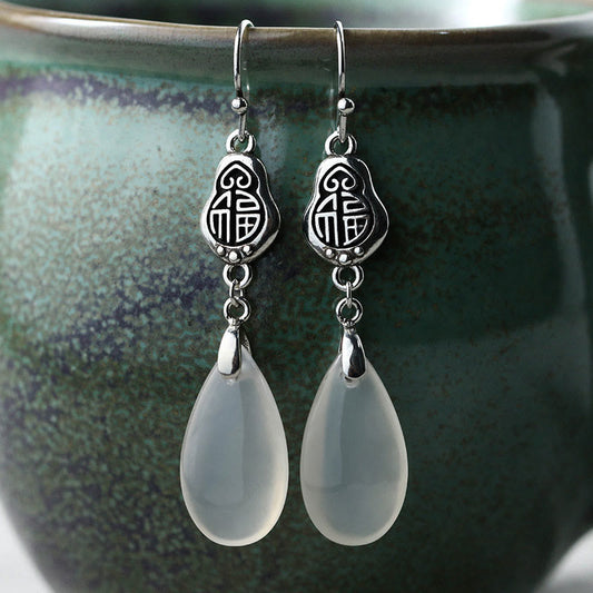 Buddhist Blessing 925 Sterling Silver Posts Natural Chalcedony Fu Character Positive Harmony Earrings