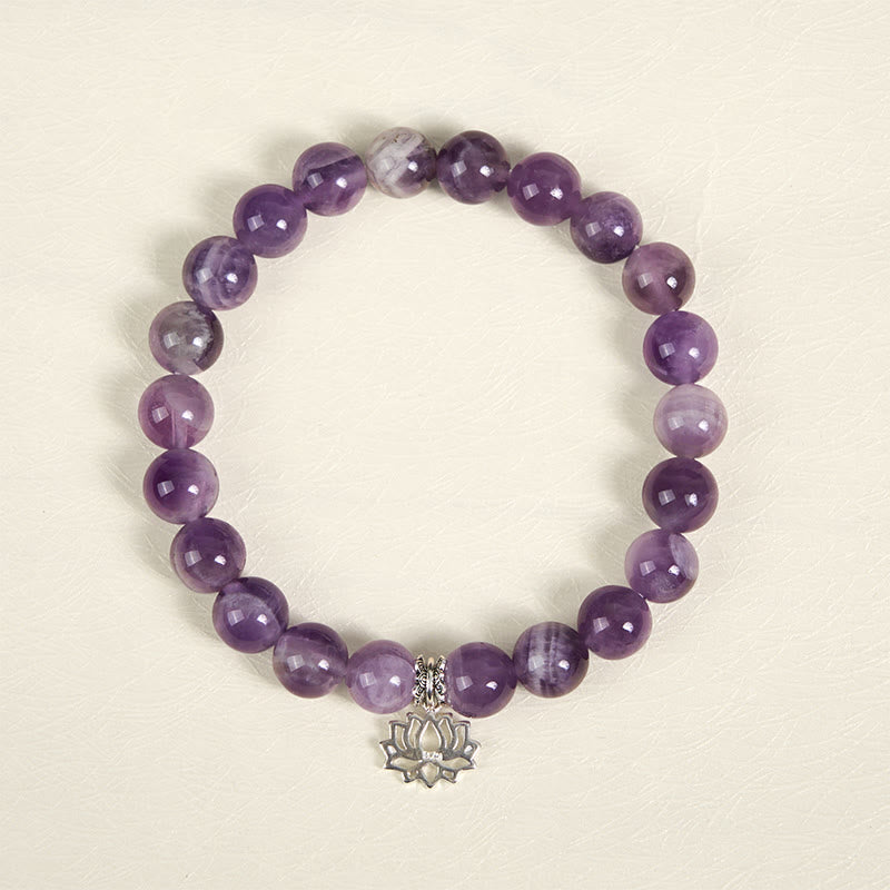 Buddhist Blessing 925 Sterling Silver Amethyst Lotus Design Natural Balance Bead Bracelet