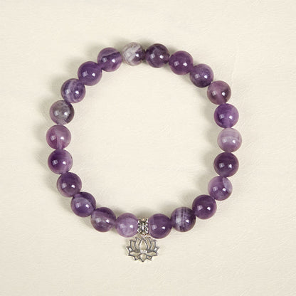 Buddhist Blessing 925 Sterling Silver Amethyst Lotus Design Natural Balance Bead Bracelet
