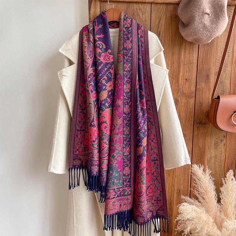 Buddhist Blessing Tibetan Cashew Flowers Vine Pattern Tassels Shawl Fall Winter Soft Scarf Wrap