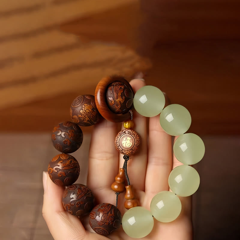 Buddhist Blessing Sappan Wood Engraving Pixiu Fu Character Cure Bracelet