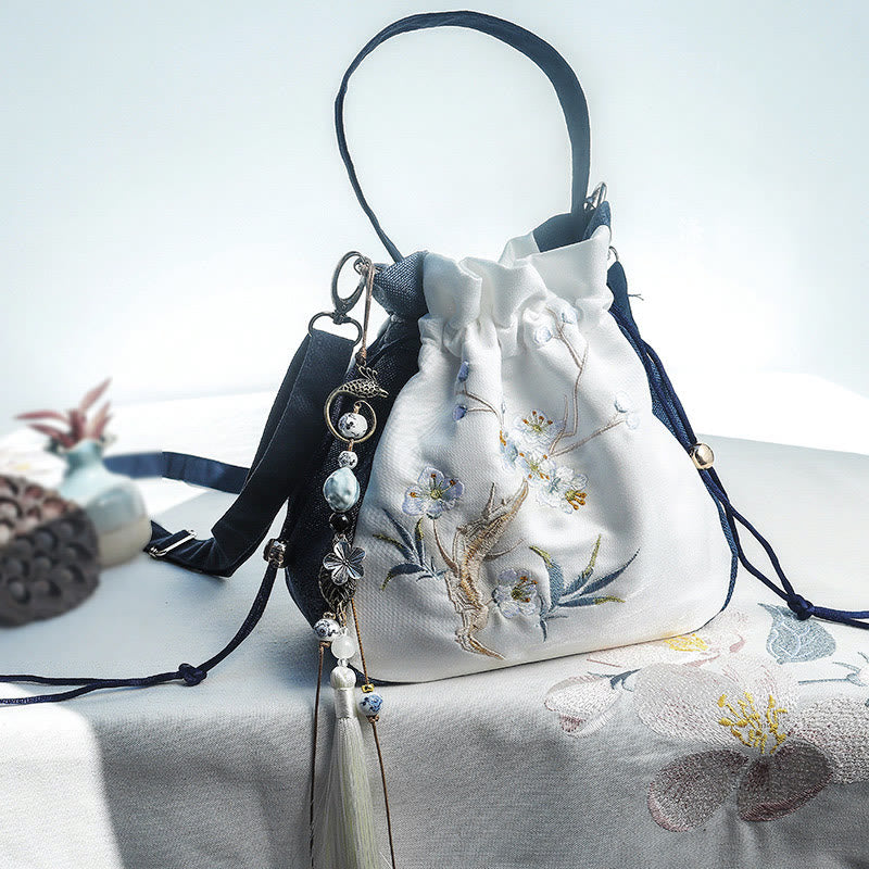 Buddhist Blessing Embroidered Magnolia Plum Blossom Cotton Linen Tote Crossbody Bag Shoulder Bag Handbag
