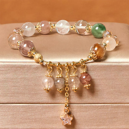 Buddhist Blessing Natural Colored Yellow Rutilated Quartz Four Leaf Clover Star Auspiciousness Bracelet