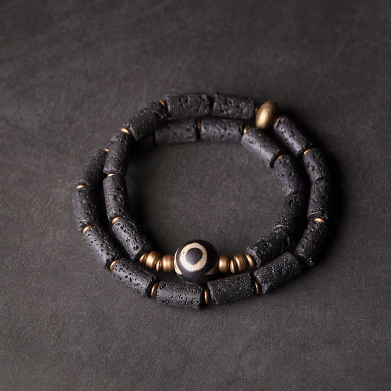 Buddhist Blessing Vintage Lava Rock Three-eyed Dzi Bead Copper Brass Multi-turn Wrap Calm Bracelet