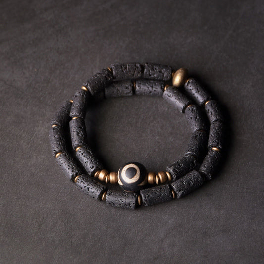 Buddhist Blessing Vintage Lava Rock Three-eyed Dzi Bead Copper Brass Multi-turn Wrap Calm Bracelet