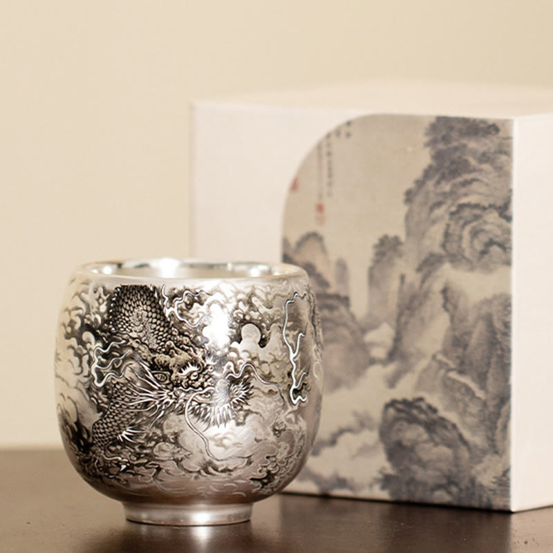 Buddhist Blessing Fish Lotus Seaweed Valley Mountains Pine Tree Dragon Teacup Kung Fu Tea Cup With Gift Box