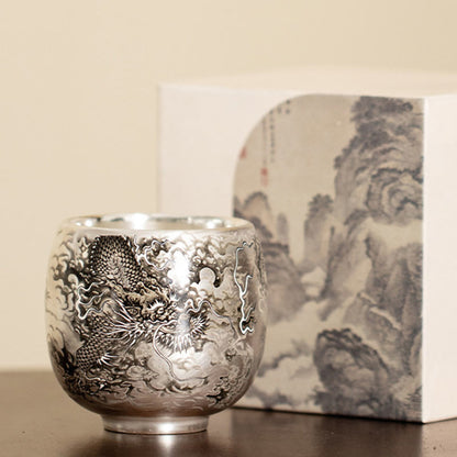 Buddhist Blessing Fish Lotus Seaweed Valley Mountains Pine Tree Dragon Teacup Kung Fu Tea Cup With Gift Box