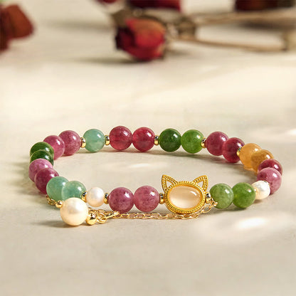 Buddhist Blessing Colorful Tourmaline Lucky Cat Positive Bracelet