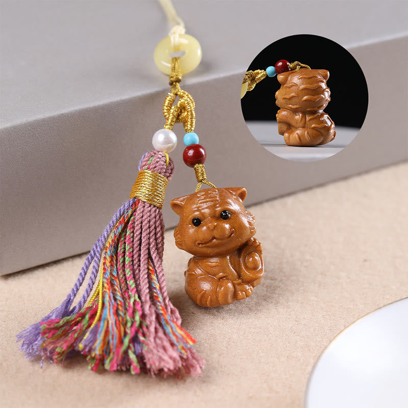 Buddhist Blessing Sandalwood 12 Chinese Zodiac Blessing Colorful Tassel Accessories Keychain