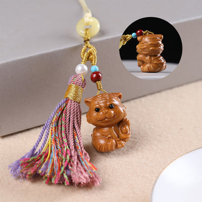 Buddhist Blessing Sandalwood 12 Chinese Zodiac Blessing Colorful Tassel Accessories Keychain