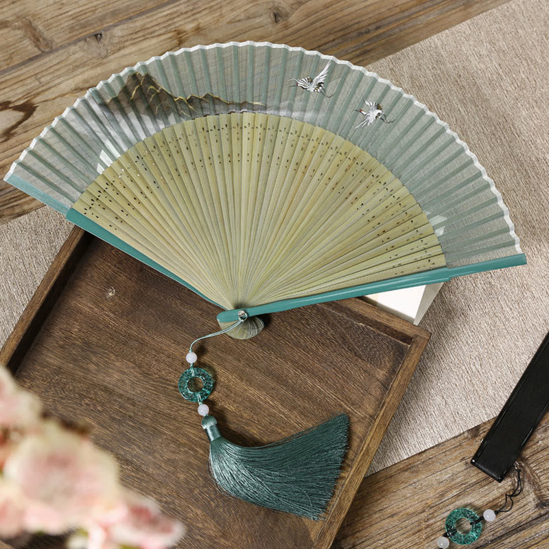 Buddhist Blessing Retro Mountain River Crane Silk Handheld Bamboo Folding Fan