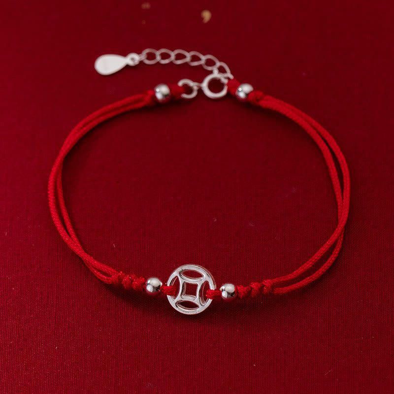 Buddhist Blessing 925 Sterling Silver Hollow Copper Coin Luck String Bracelet