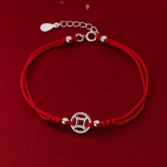 Buddhist Blessing 925 Sterling Silver Hollow Copper Coin Luck String Bracelet