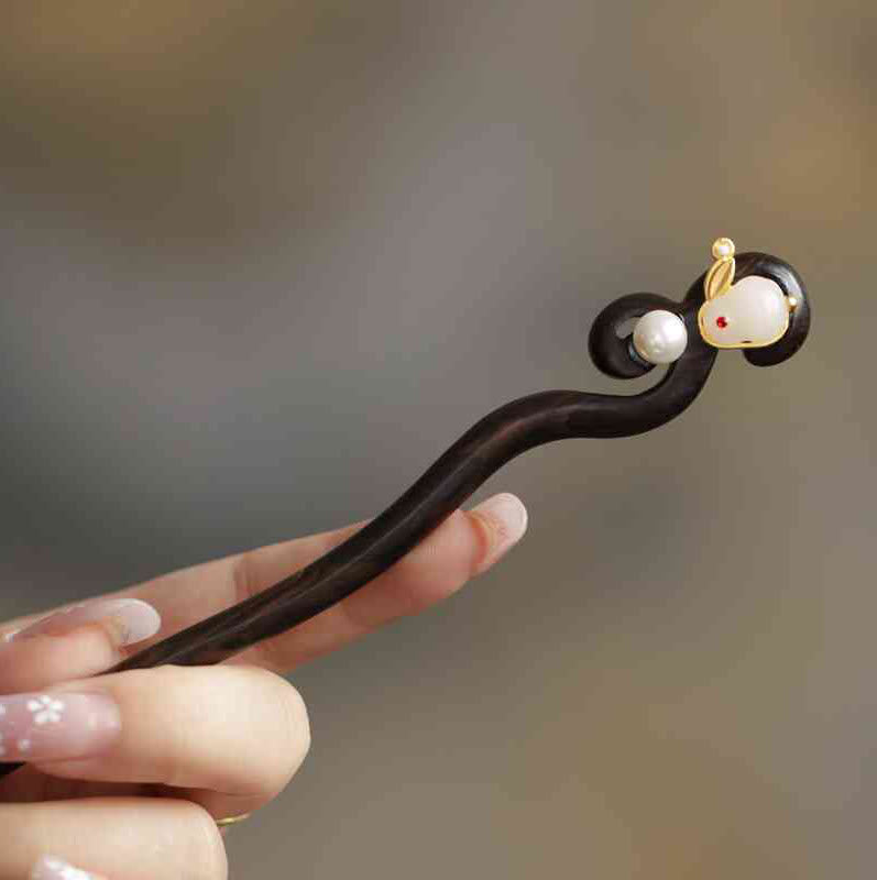 Buddhist Blessing Auspicious Cloud Sandalwood Rabbit Protection Hairpin