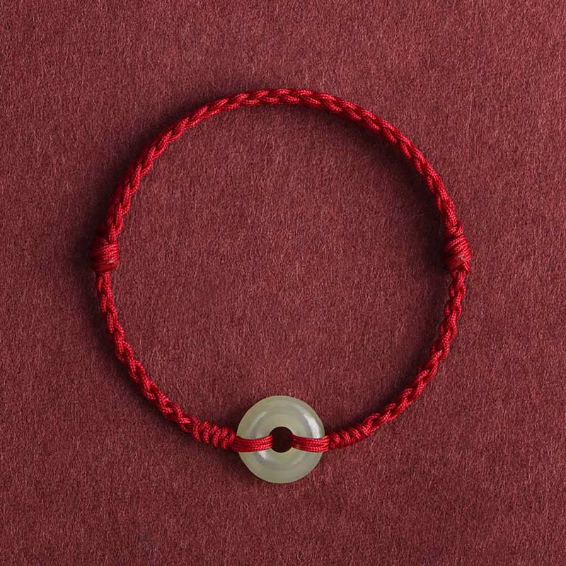 Buddhist Blessing Natural Hetian Jade Peace Buckle Protection Luck Braided Bracelet Anklet