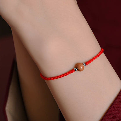 Buddhist Blessing Natural Peach Wood Bead Luck Braided Bracelet Anklet