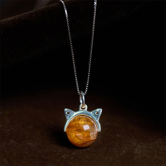 Buddhist Blessing 925 Sterling Silver Natural Inclusion Quartz Yellow Flower Quartz Cat Wealth Necklace Pendant