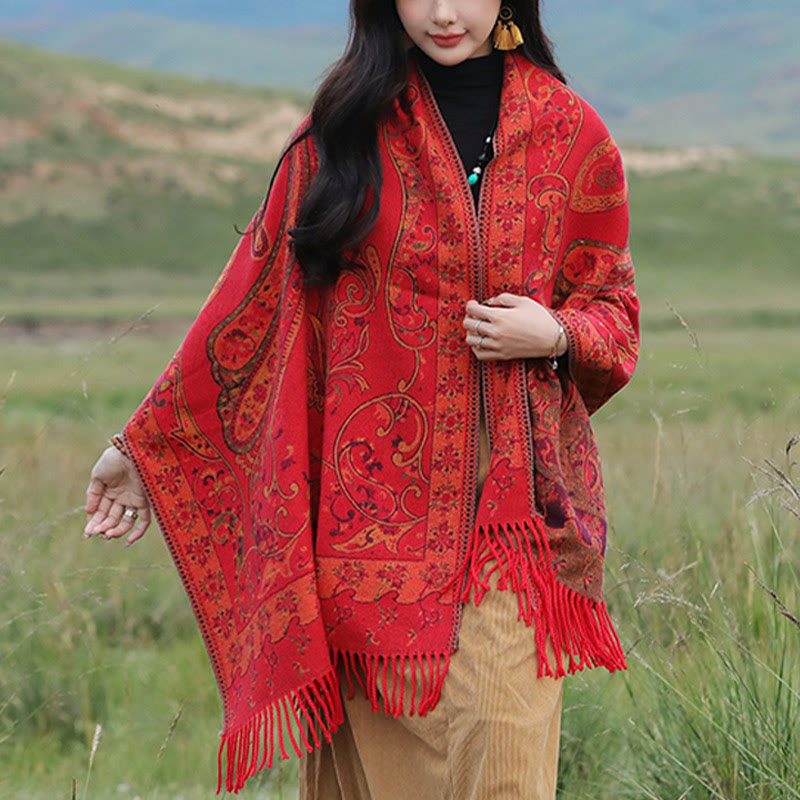 Buddhist Blessing Tibetan Cashew Flower Tassel Shawl Fall Winter Cozy Travel Scarf Wrap