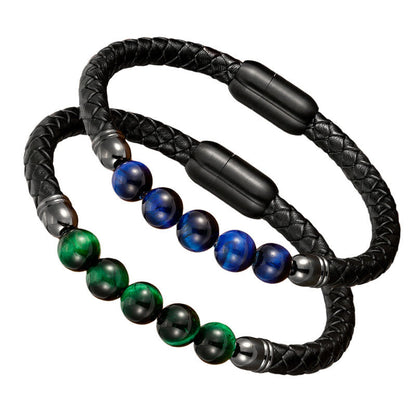Buddhist Blessing Blue Agate Tiger Eye Lava Rock Black Onyx Lazurite Bead Protection Leather Bracelet