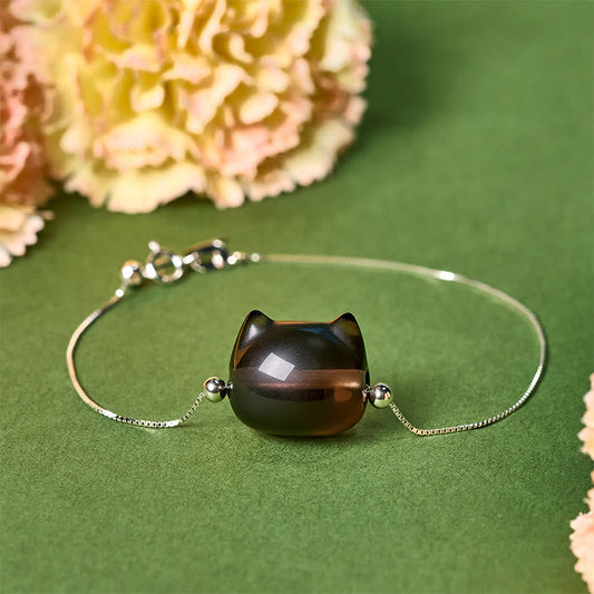 Buddhist Blessing 925 Sterling Silver Cat Natural Ice Obsidian Positive Bracelet