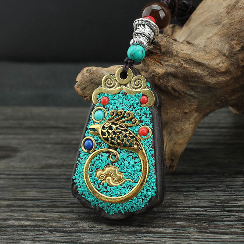 Buddhist Blessing Tibet God Of Wealth Money Tree Golden Phoenix Thangka Ebony Peace Necklace Pendant