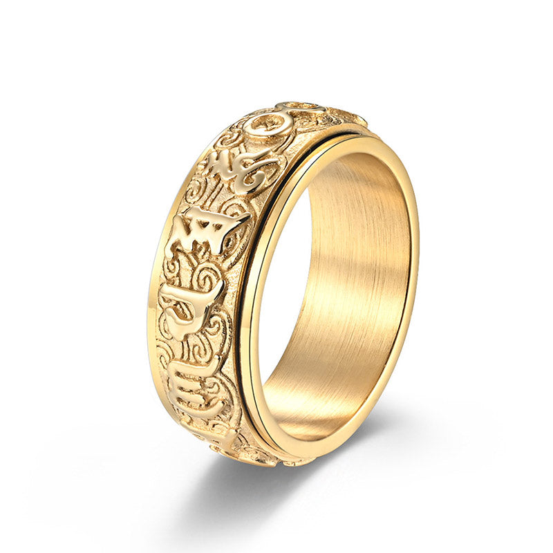Buddhist Blessing Six True Words Balance Calm Titanium Steel Ring (Extra 30% Off | USE CODE: FS30)