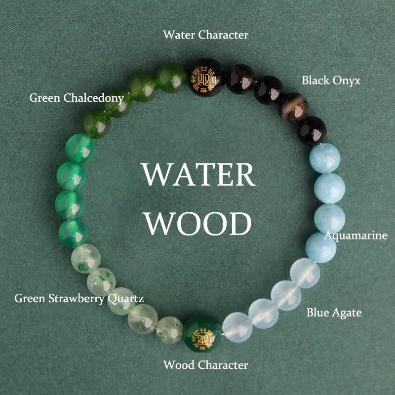 Buddhist Blessing Five Elements Various Agate Crystal Black Onyx Green Chalcedony Aquamarine Wisdom Bracelet