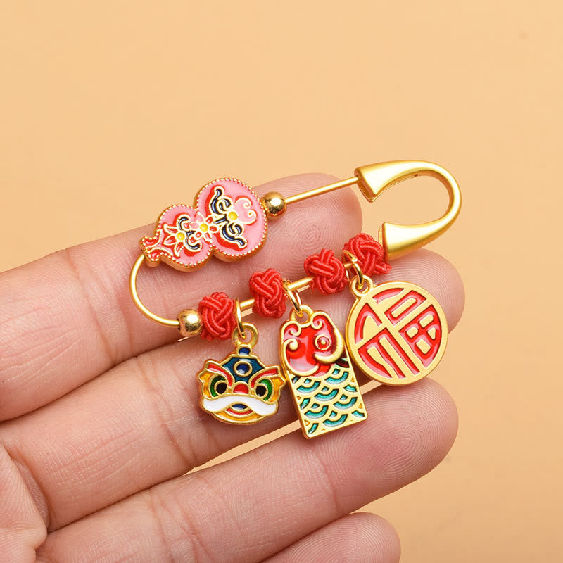 Buddhist Blessing Gourd Dancing Lion Fu Character Safe And Well Blessing Brooch