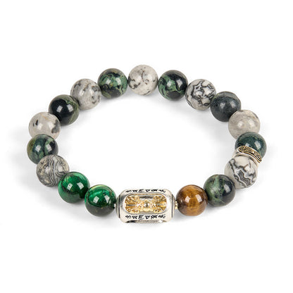 Buddhist Blessing Natural Grey Jasper Kambamba Jasper Tiger Eye Om Mani Padme Hum Protection Bracelet
