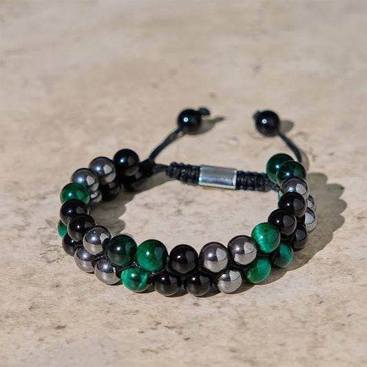 Buddhist Blessing Natural Green Tiger Eye Black Magnetite Black Obsidian Double Row Beads Positive Bracelet