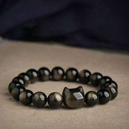 Buddhist Blessing Gold Sheen Obsidian Silver Sheen Obsidian Lovely Paw Lucky Cat Protection Bracelet