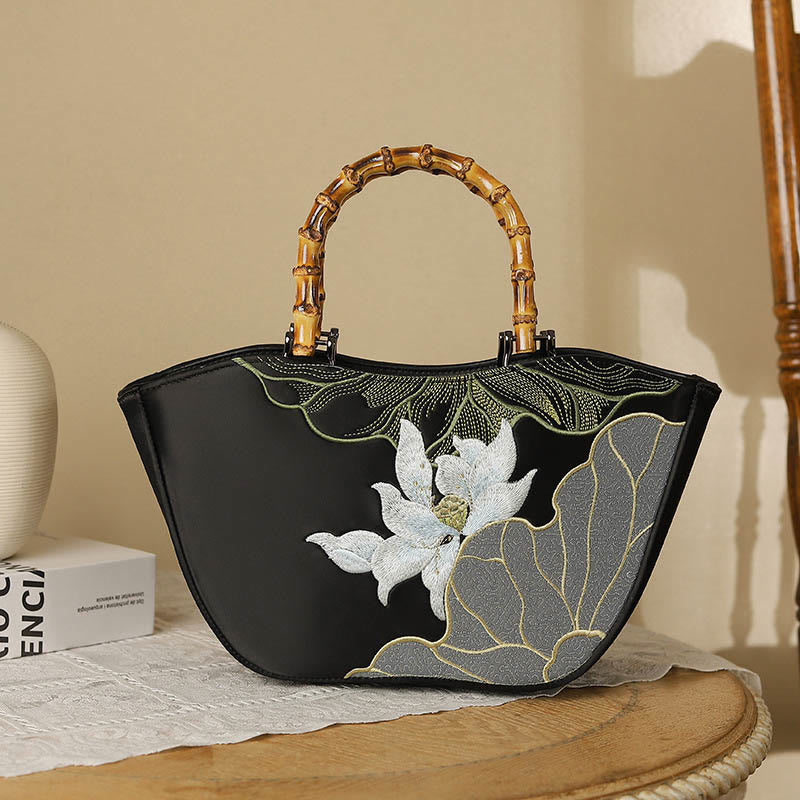Buddhist Blessing Lotus Embroidery Bamboo Handle Handbag
